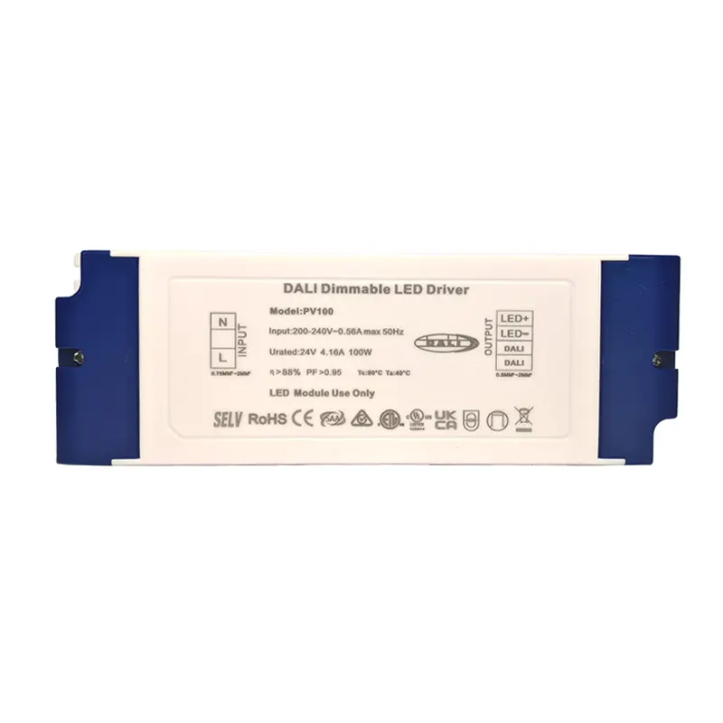 ไดรเวอร์ DALI แรงดันคงที่ 100W สำหรับหรี่แสงได้ 24V
