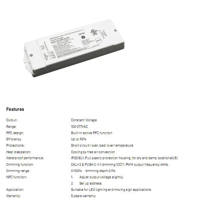 ไดร์เวอร์ LED ลดแสง DALI CCT แรงดันคงที่ 60W