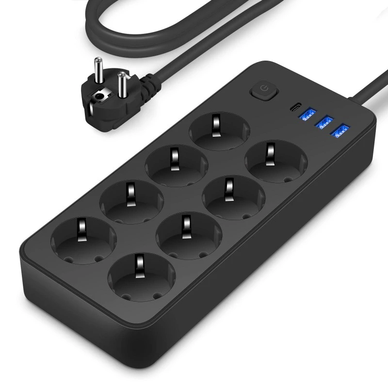 รางปลั๊กไฟมาตรฐาน EU 8 AC พร้อมพอร์ต USB 4 พอร์ต